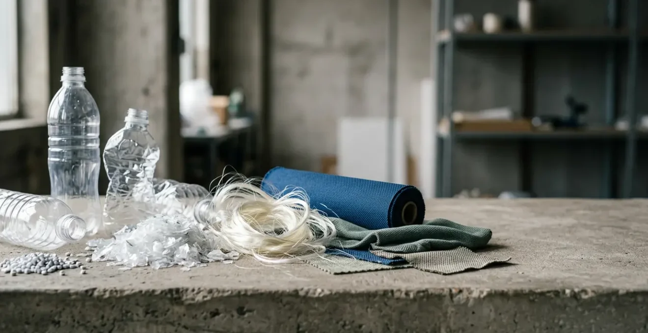 Close-up of plastic bottles being transformed into textile fibers in an industrial setting, highlighting the complexity of recycled fashion materials
