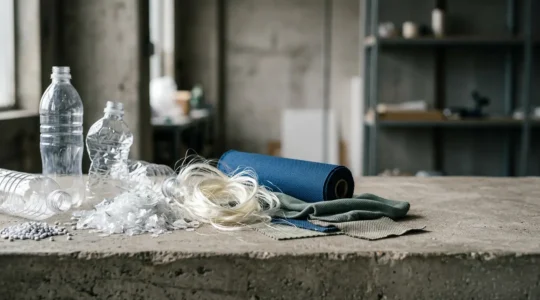 Close-up of plastic bottles being transformed into textile fibers in an industrial setting, highlighting the complexity of recycled fashion materials