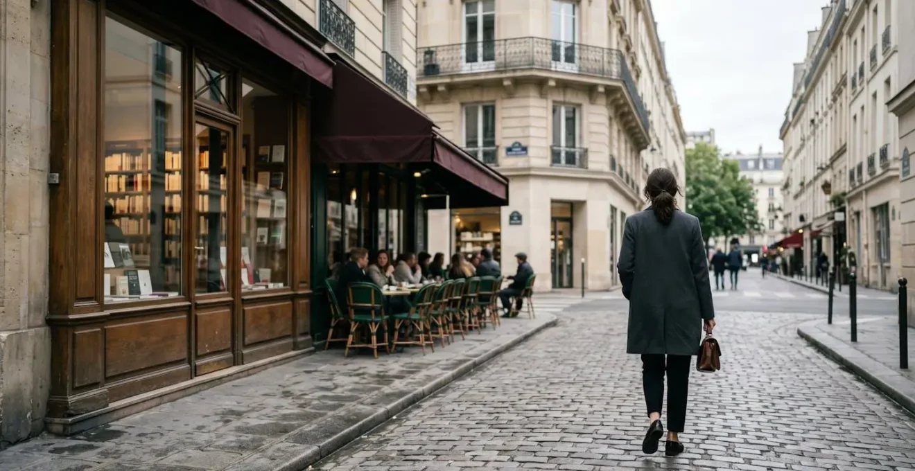Elegant Parisian street scene in Saint-Germain-des-Prés showcasing timeless fashion and intellectual atmosphere