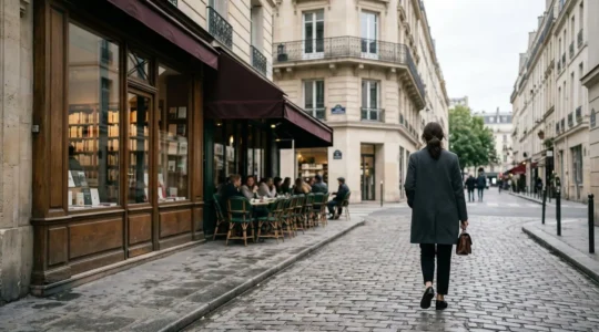 Elegant Parisian street scene in Saint-Germain-des-Prés showcasing timeless fashion and intellectual atmosphere