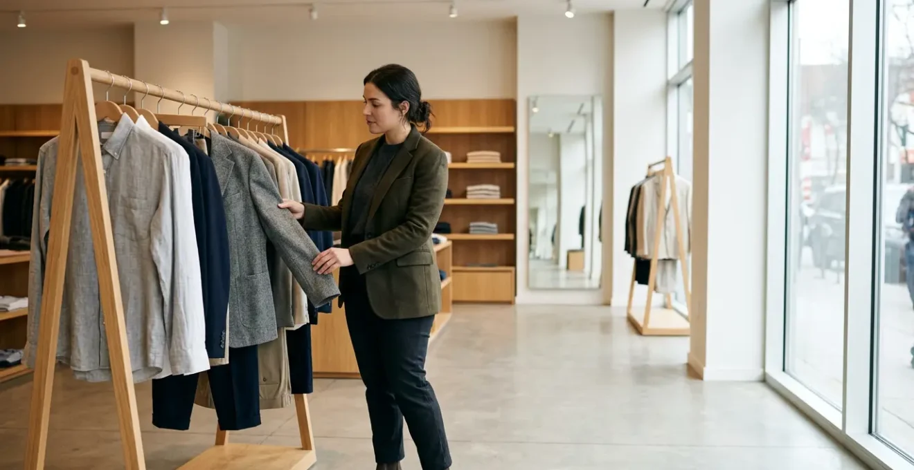 A person confidently browsing through a menswear clothing rack with tailored blazers and trousers, shot in natural editorial lighting
