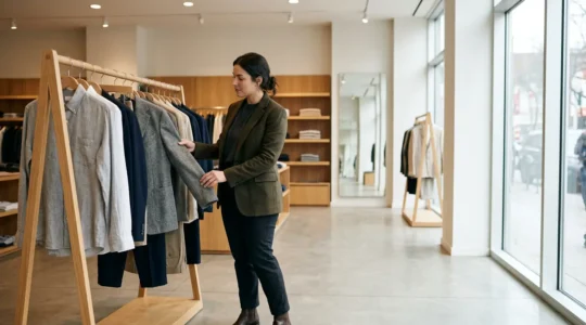 A person confidently browsing through a menswear clothing rack with tailored blazers and trousers, shot in natural editorial lighting