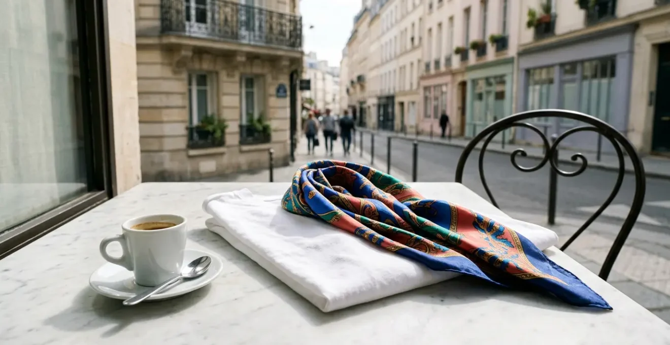 Editorial composition showcasing elegant silk scarf styling with white t-shirt in natural daylight
