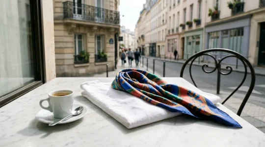 Editorial composition showcasing elegant silk scarf styling with white t-shirt in natural daylight