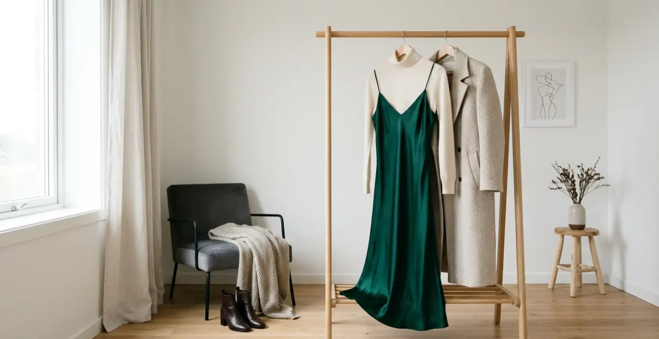 Woman styling a satin slip dress for winter with elegant layering pieces in a modern minimalist setting