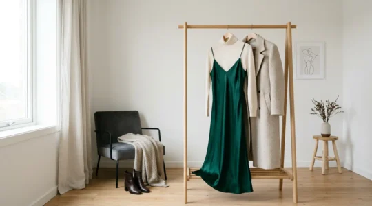 Woman styling a satin slip dress for winter with elegant layering pieces in a modern minimalist setting