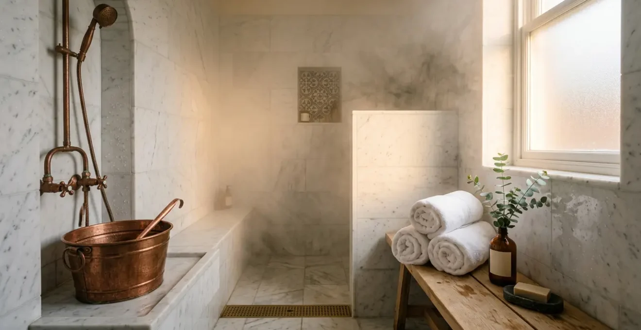 Serene small bathroom transformed into a home hammam spa with steam and natural elements