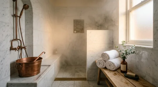 Serene small bathroom transformed into a home hammam spa with steam and natural elements