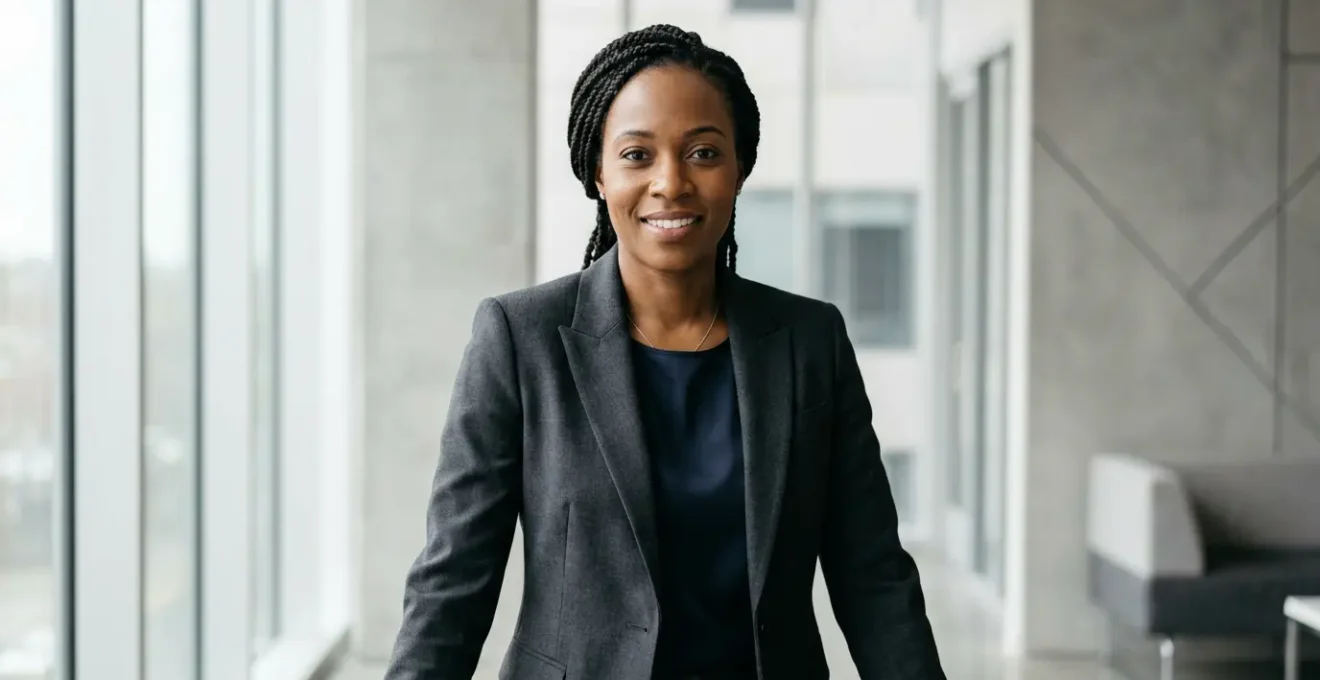 Professional woman wearing a perfectly fitted structured blazer with strong shoulders and clean lines in natural light