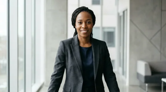 Professional woman wearing a perfectly fitted structured blazer with strong shoulders and clean lines in natural light