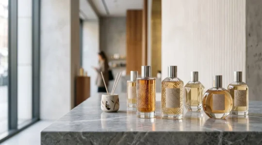 Professional choosing a unique fragrance in an elegant minimalist setting