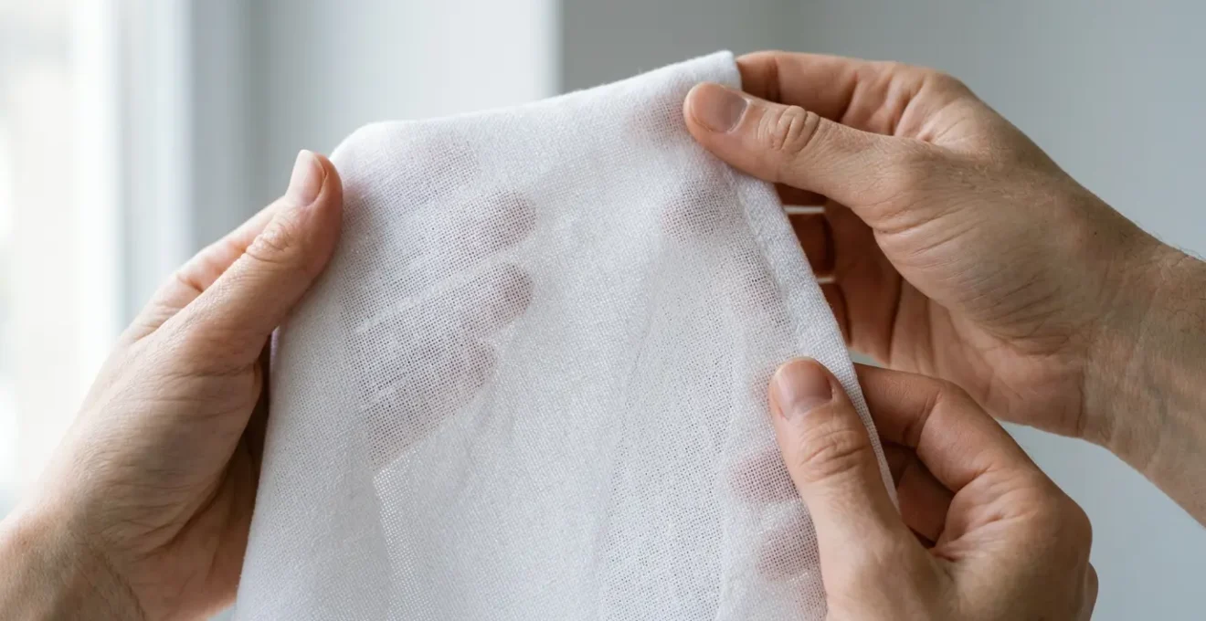 Close-up of pristine white cotton fabric held against natural window light revealing quality and texture