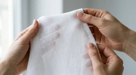Close-up of pristine white cotton fabric held against natural window light revealing quality and texture