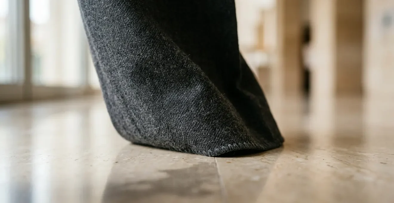 Professional hemming detail on wide-leg trousers showing precise length measurement at floor level