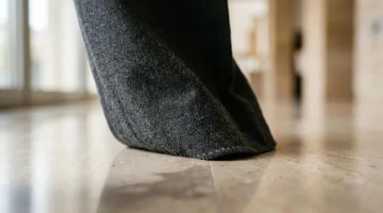 Professional hemming detail on wide-leg trousers showing precise length measurement at floor level